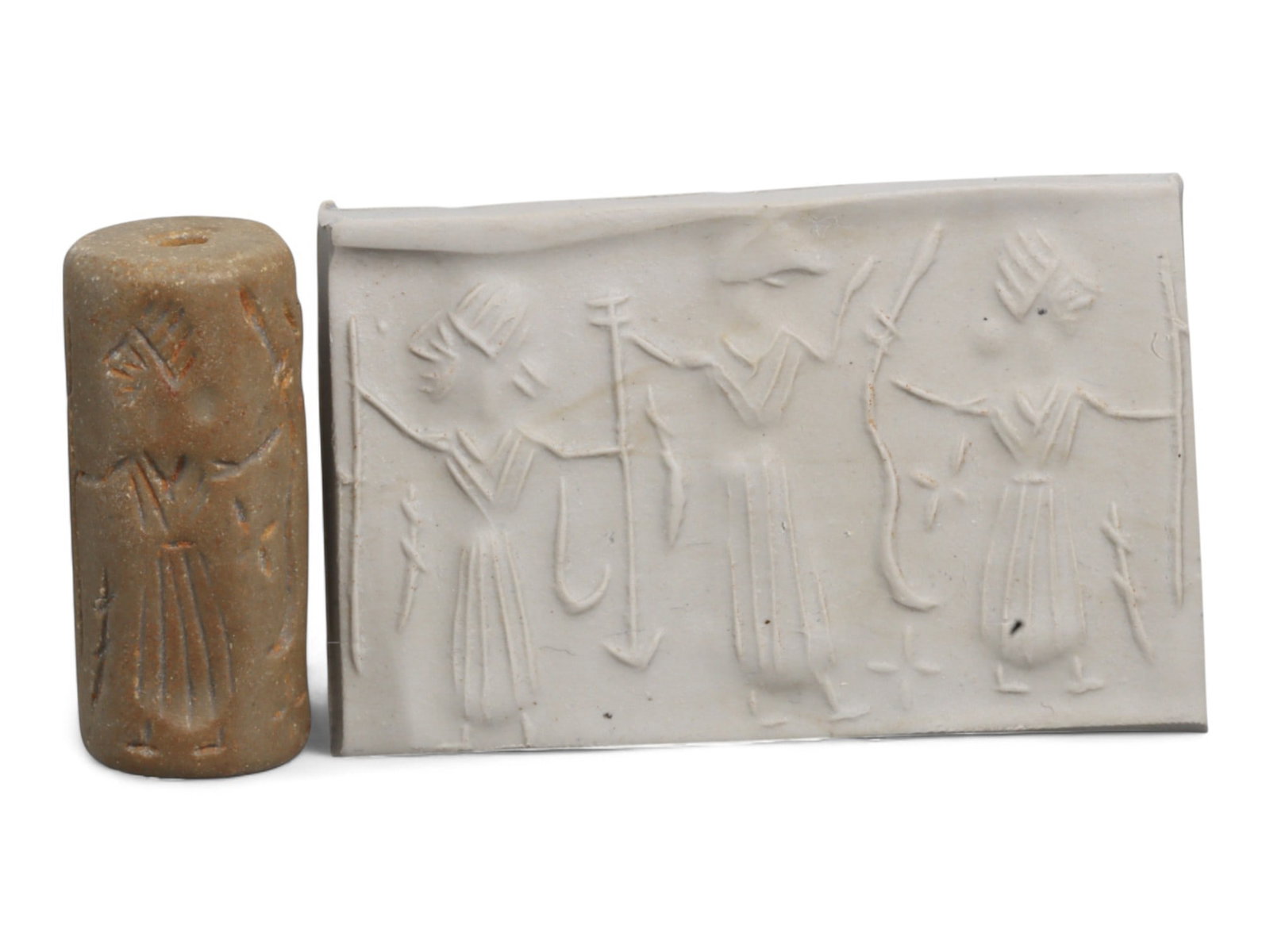 Ancient Mesopotamian Administrative Cylinder Seal, c. 2nd-1st Millennium BCE, 19g: This authentic cylinder seal from ancient Mesopotamia dates to the 2nd to 1st millennium BCE, a time when the art of carving miniature narratives on stone reached remarkable levels of refinement. Seal