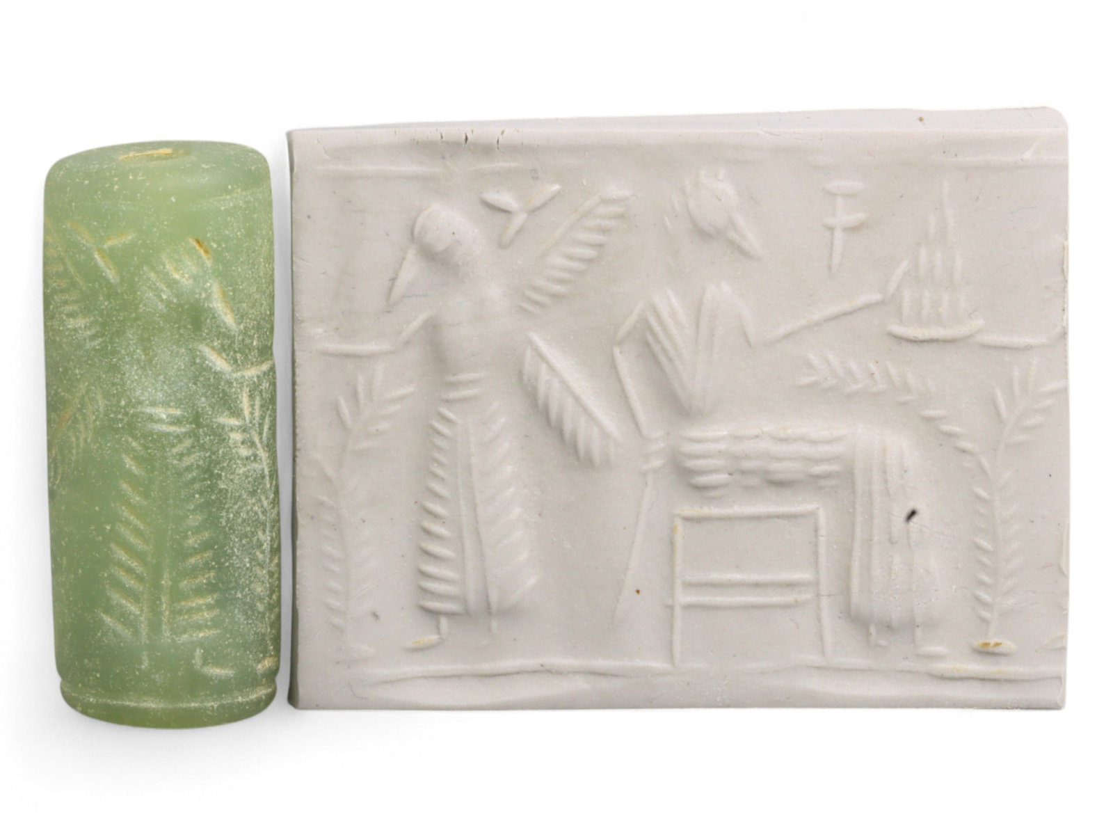 Ancient Mesopotamian Administrative Cylinder Seal, c. 2nd-1st Millennium BCE, 17g: This authentic cylinder seal from ancient Mesopotamia dates to the 2nd to 1st millennium BCE, a time when the art of carving miniature narratives on stone reached remarkable levels of refinement. Seal