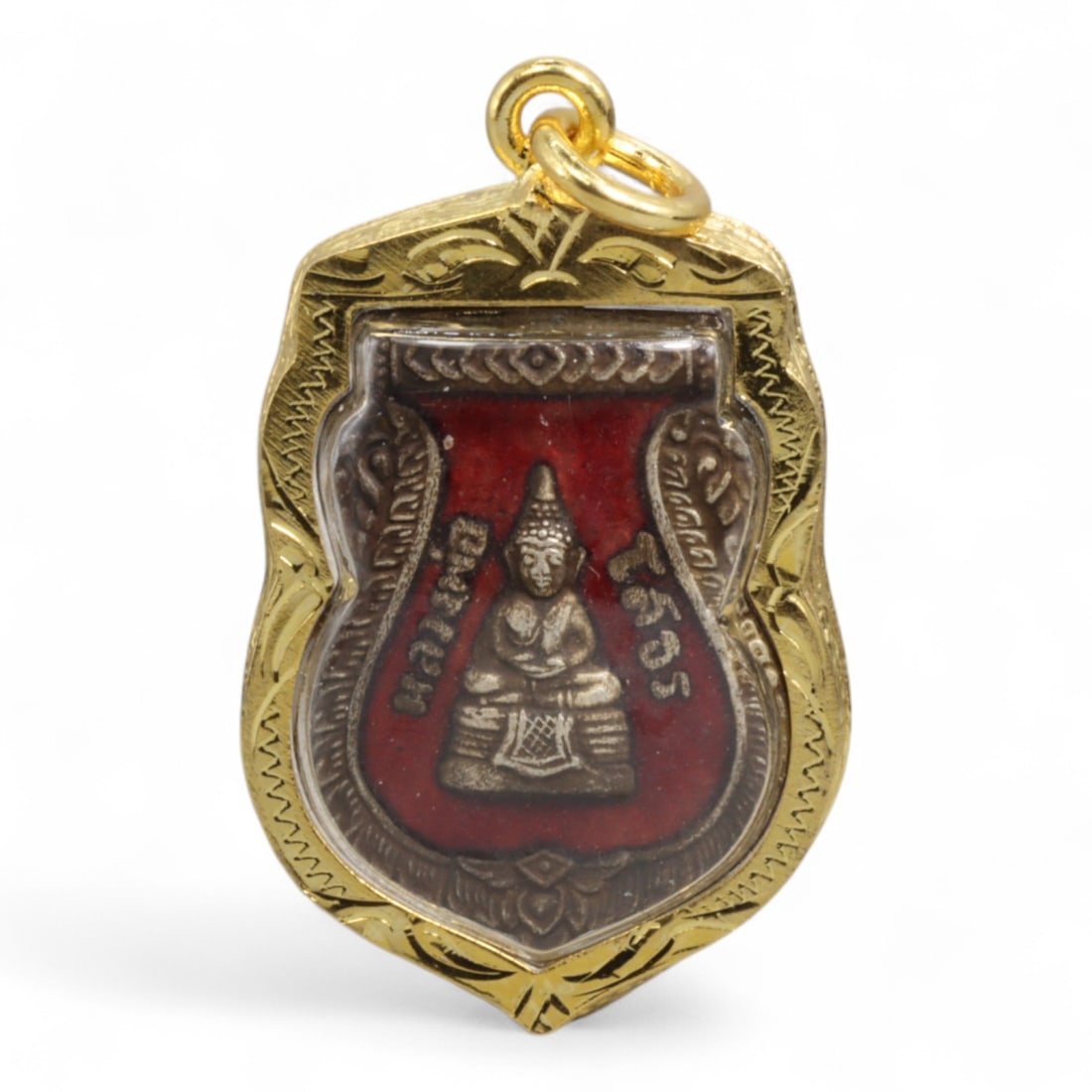 Vintage Thai Buddha Shield Amulet with Red Enamel in Gilt Frame, c. Late 20th Century, 10g (1 of 2)