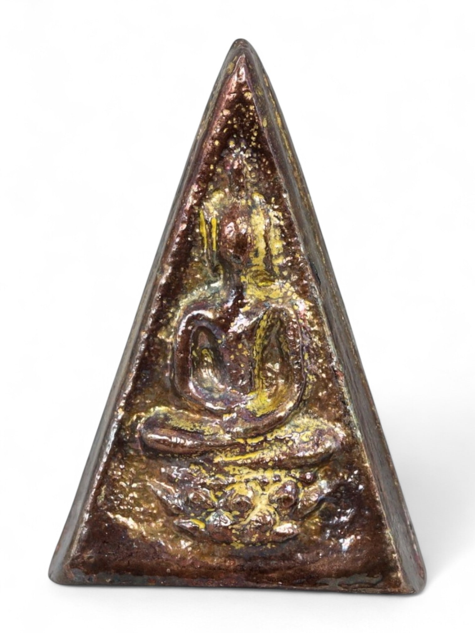 Antique Thai Rattanakosin Triangular Seated Buddha Copper Alloy Amulet, c. Late 19th Century CE, 36g (1 of 2)