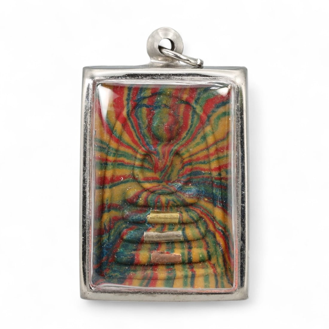 Vintage Thai Rainbow Somdej Takrut Buddha Amulet in Metal Case, c. 20th Century CE, 27g: This striking vintage Thai amulet reimagines the sacred form of the Phra Somdej Buddha through a vivid spectrum of swirling color and layered symbolism. Cast in marbled temple clay in hues of yellow, 