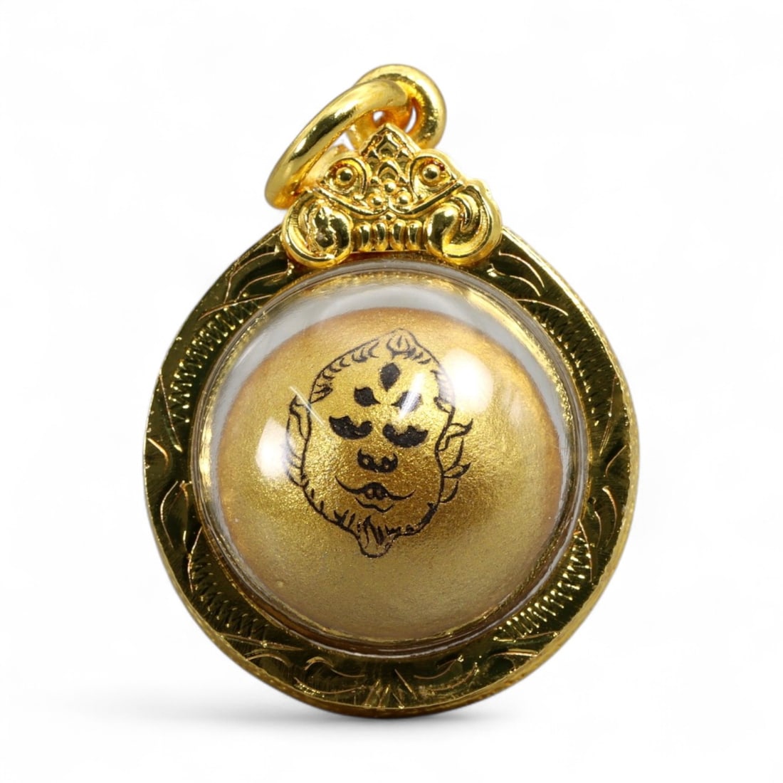 Vintage Thai Yantra Tiger Face Protective Amulet in Gilt Round Frame, c. 20th Century, 9g (1 of 2)