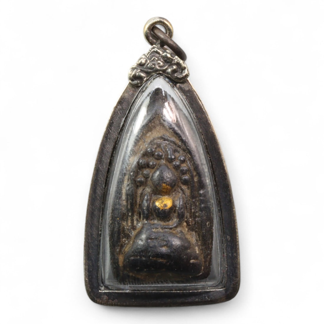 Vintage Thai Meditating Buddha Under Bodhi Tree Amulet, Teardrop Form, 20th Century, 15g: This intimate vintage Thai amulet captures the essence of enlightenment with a compact depiction of the Buddha seated beneath the sacred Bodhi tree. Framed in a softly curved teardrop-shaped metallic 