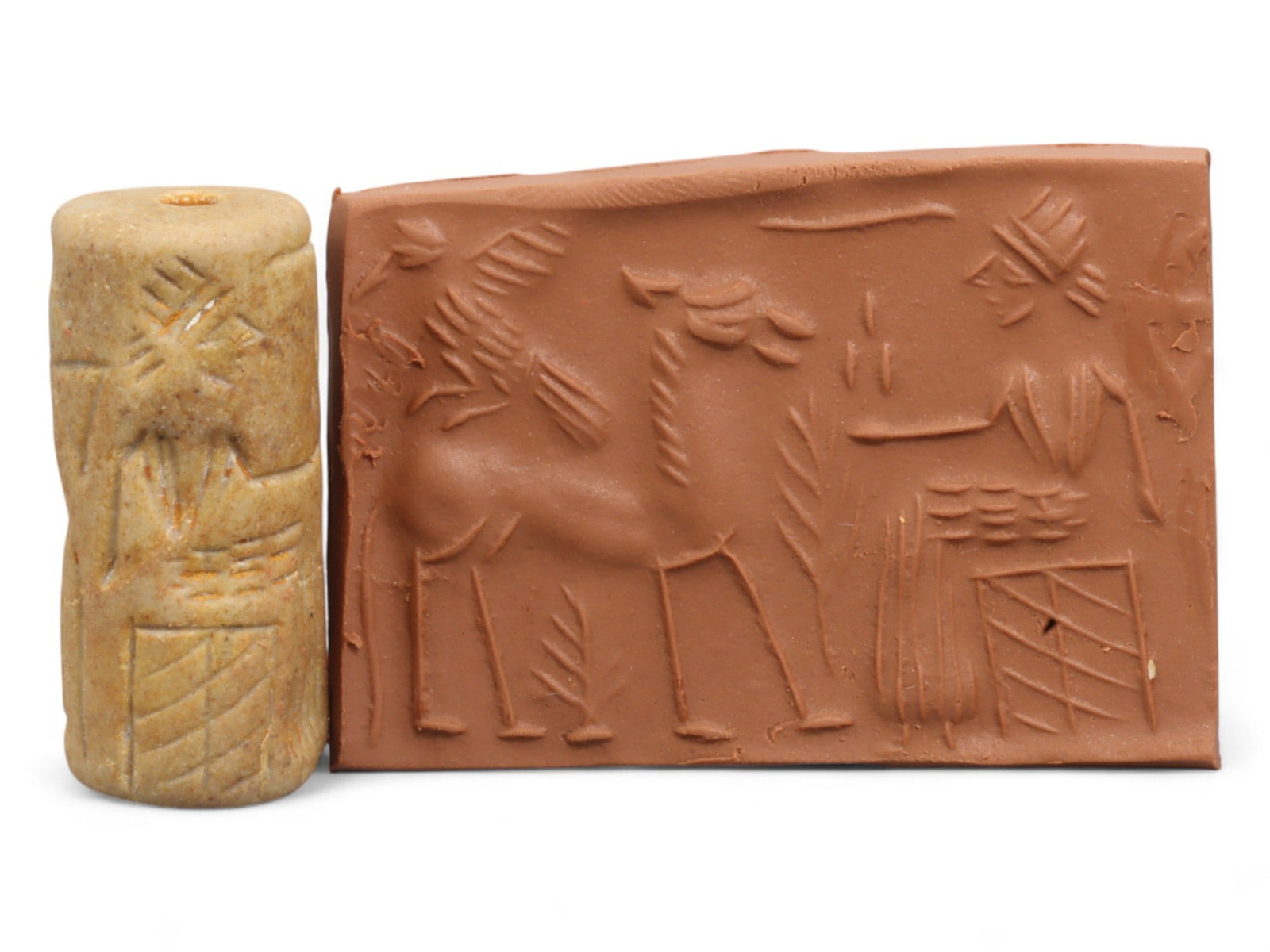 Ancient Mesopotamian Administrative Cylinder Seal, c. 2nd-1st Millennium BCE, 20g: This authentic cylinder seal from ancient Mesopotamia dates to the 2nd to 1st millennium BCE, a time when the art of carving miniature narratives on stone reached remarkable levels of refinement. Seal
