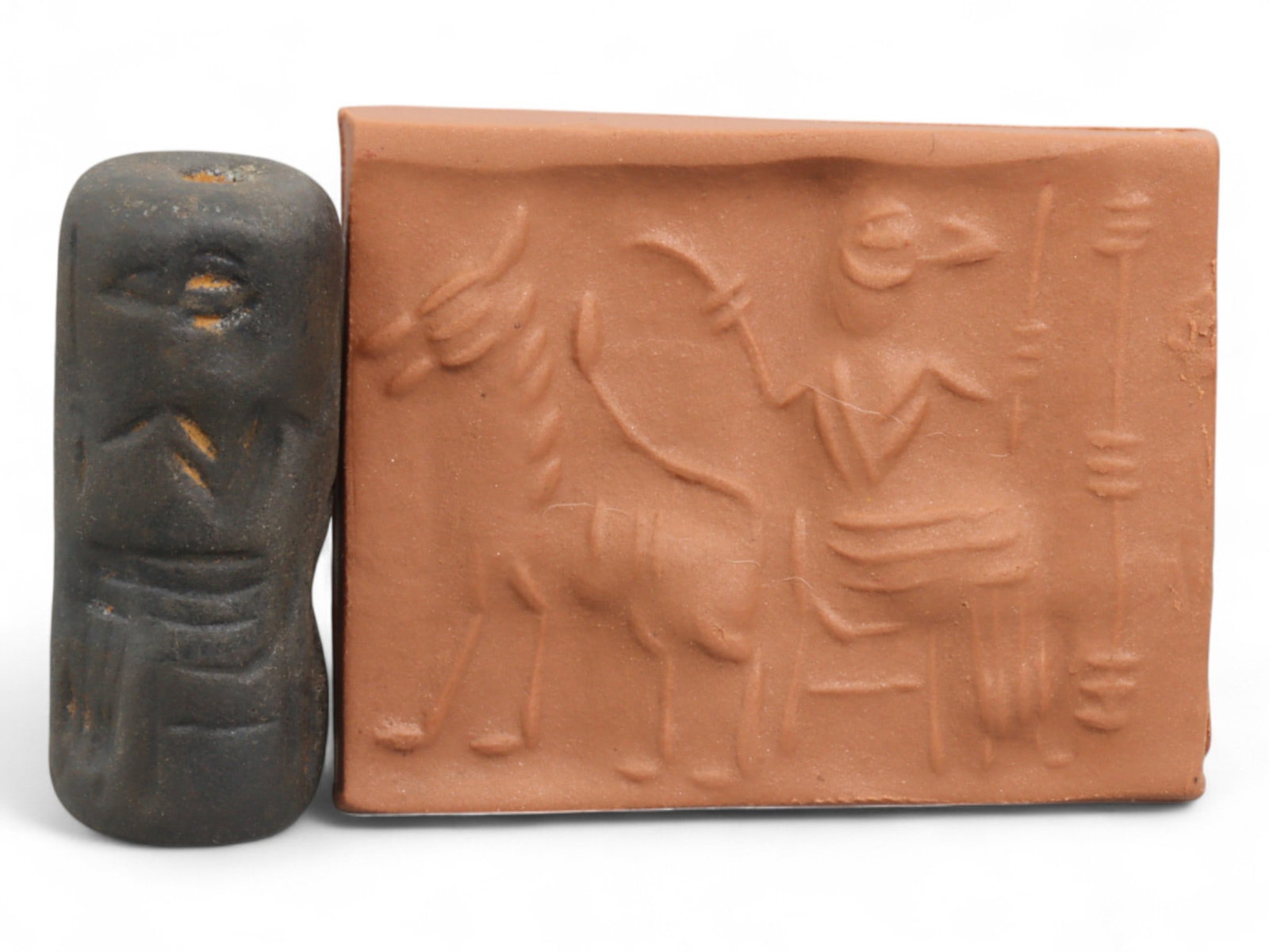 Ancient Mesopotamian Administrative Cylinder Seal, c. 2nd-1st Millennium BCE, 12g: This authentic cylinder seal from ancient Mesopotamia dates to the 2nd to 1st millennium BCE, a time when the art of carving miniature narratives on stone reached remarkable levels of refinement. Seal