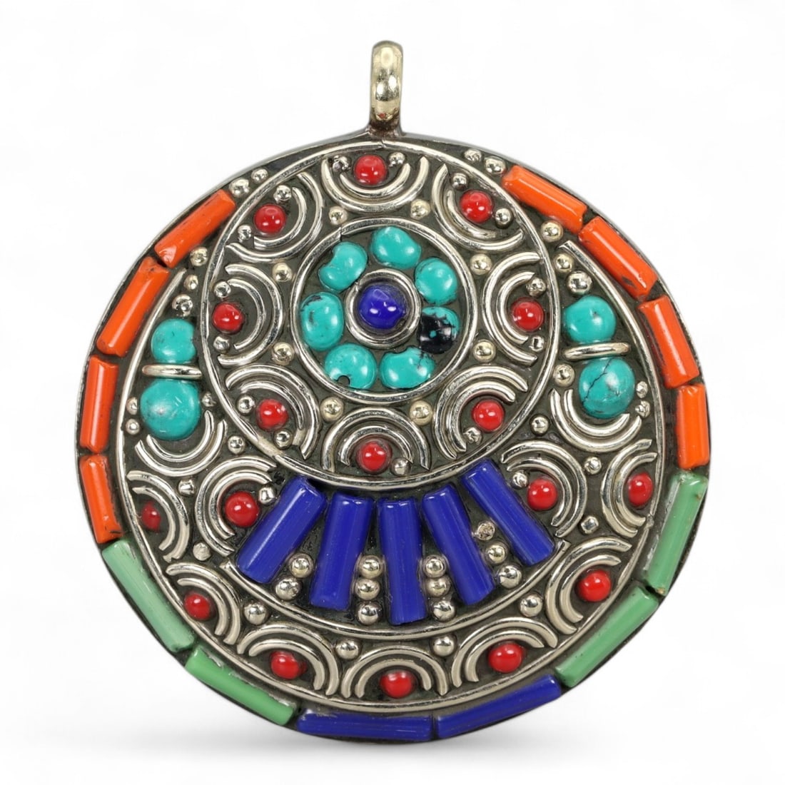 Tibetan Mandala Motif Mosaic Coral Turquoise Lapis Inlay Pendant, 43g (1 of 2)