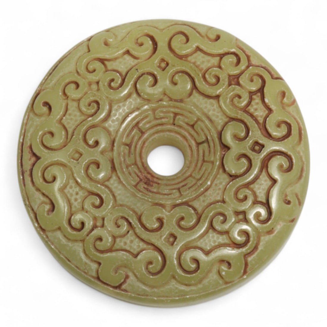 Chinese Antique Jade Bi Disc with Thunder Pattern Motif, c. 19th-20th Century, 46g: This refined jade bi disc, dating to the 19th-20th century, embodies the continuation of one of China's most enduring symbolic forms. With roots deep in the ritual practices of Neolithic and Zhou dyna