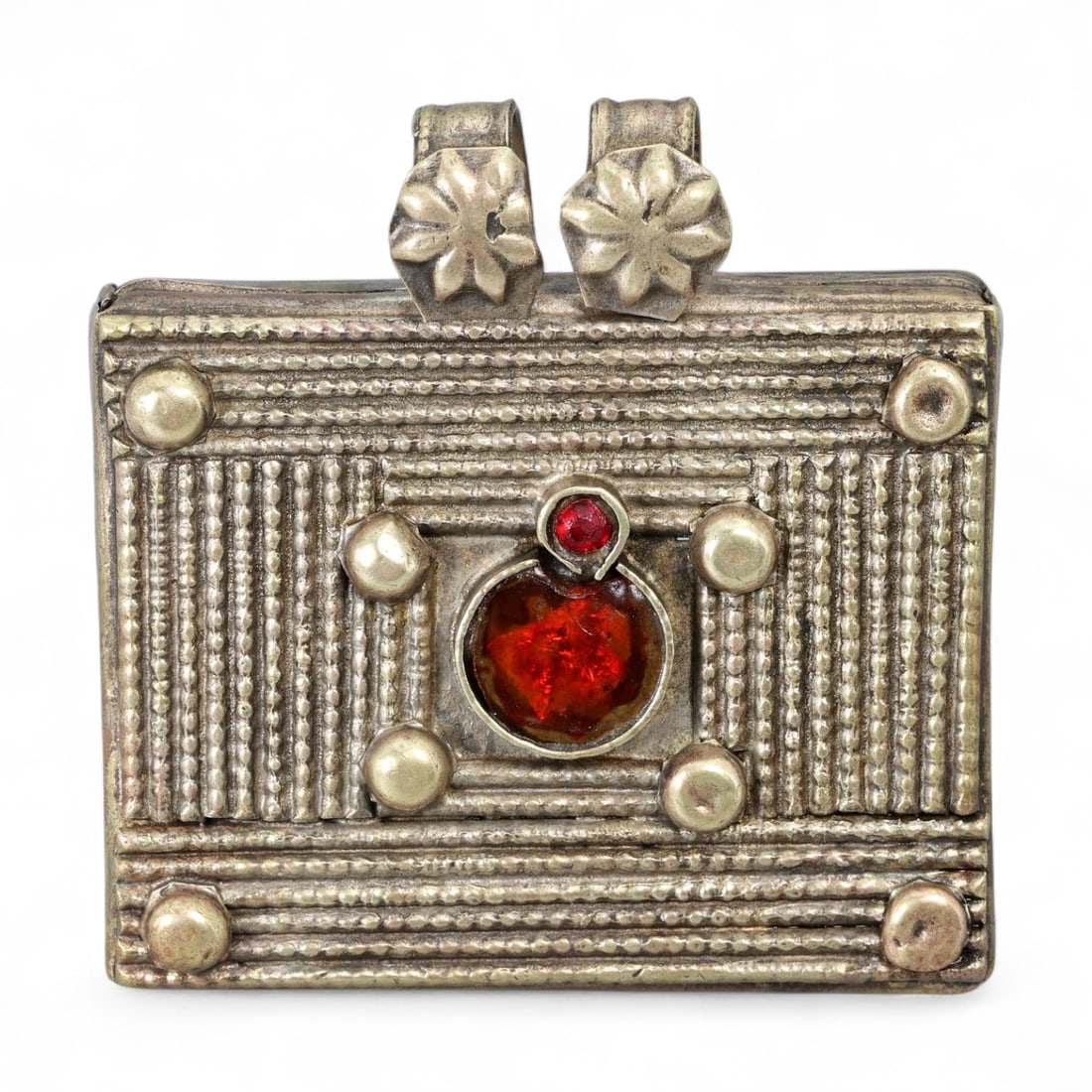 Antique Persian Silver Amulet Pendant with Red Garnet Inlay, c. 19th Century 41g (1 of 2)