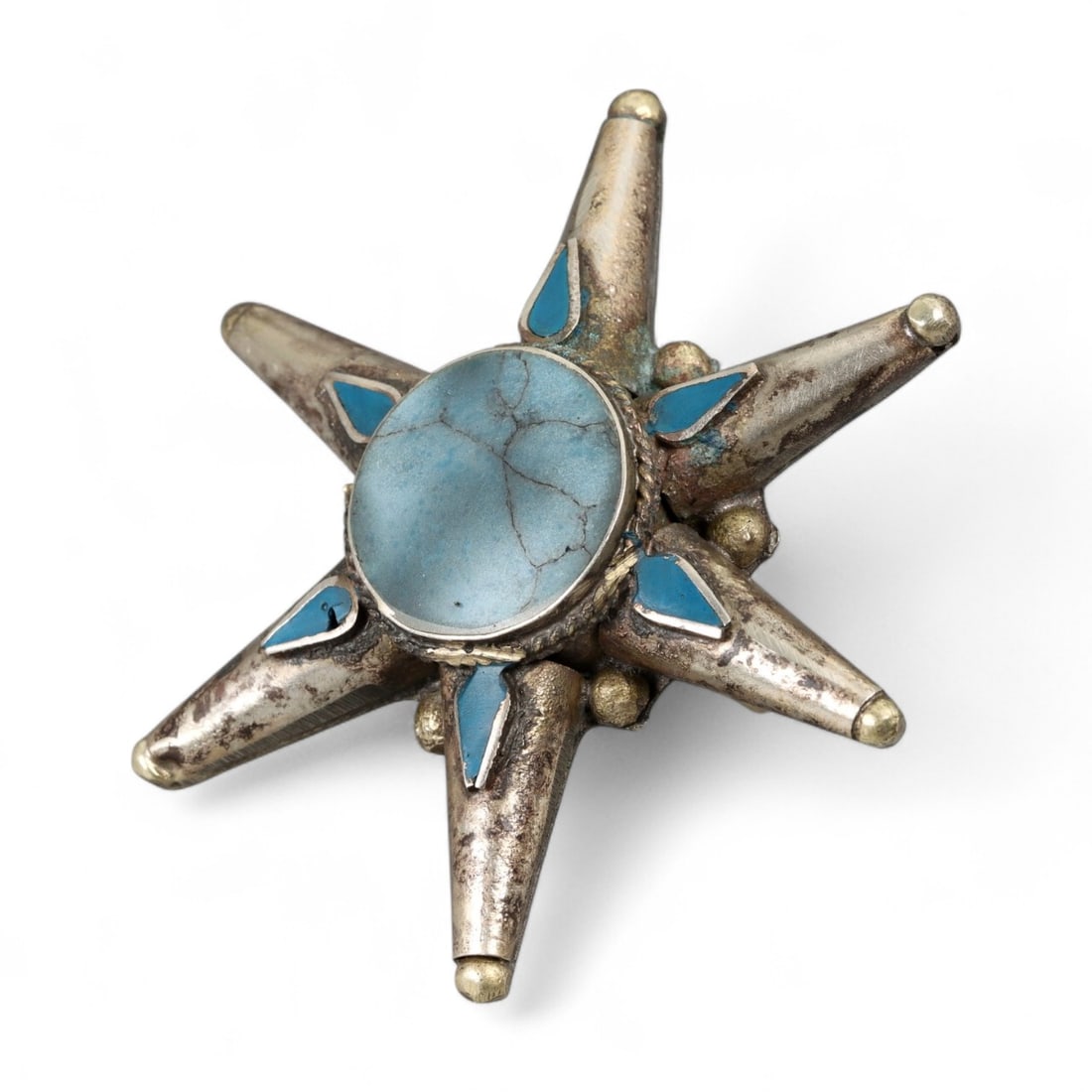 Antique Tuareg Starburst Turquoise Inlay Silver Ring, North Africa, Mid-20th Century, 16g (1 of 3)