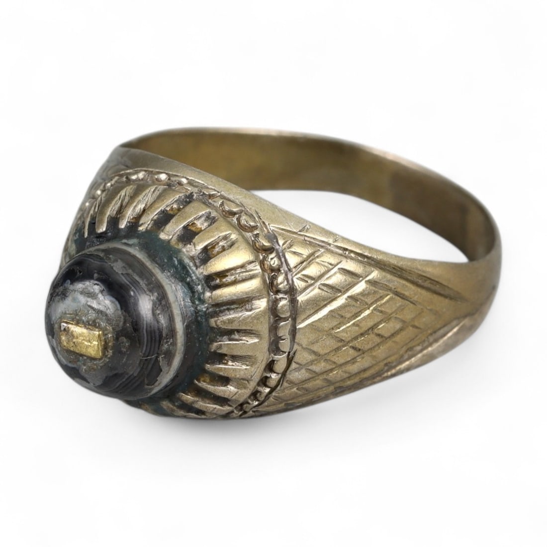 Islamic Talismanic Black Banded Stone Silver Ring, c. Late 19th Century, US Size 10.5, 5g (1 of 3)