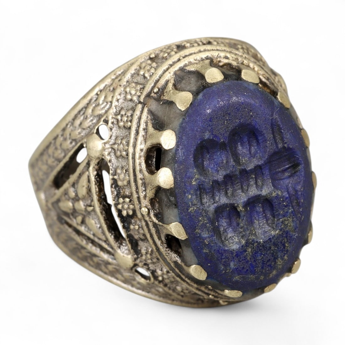 Antique Persian Lapis Lazuli Intaglio Silver Filigree Ring, c. 19th Century 10g (1 of 3)