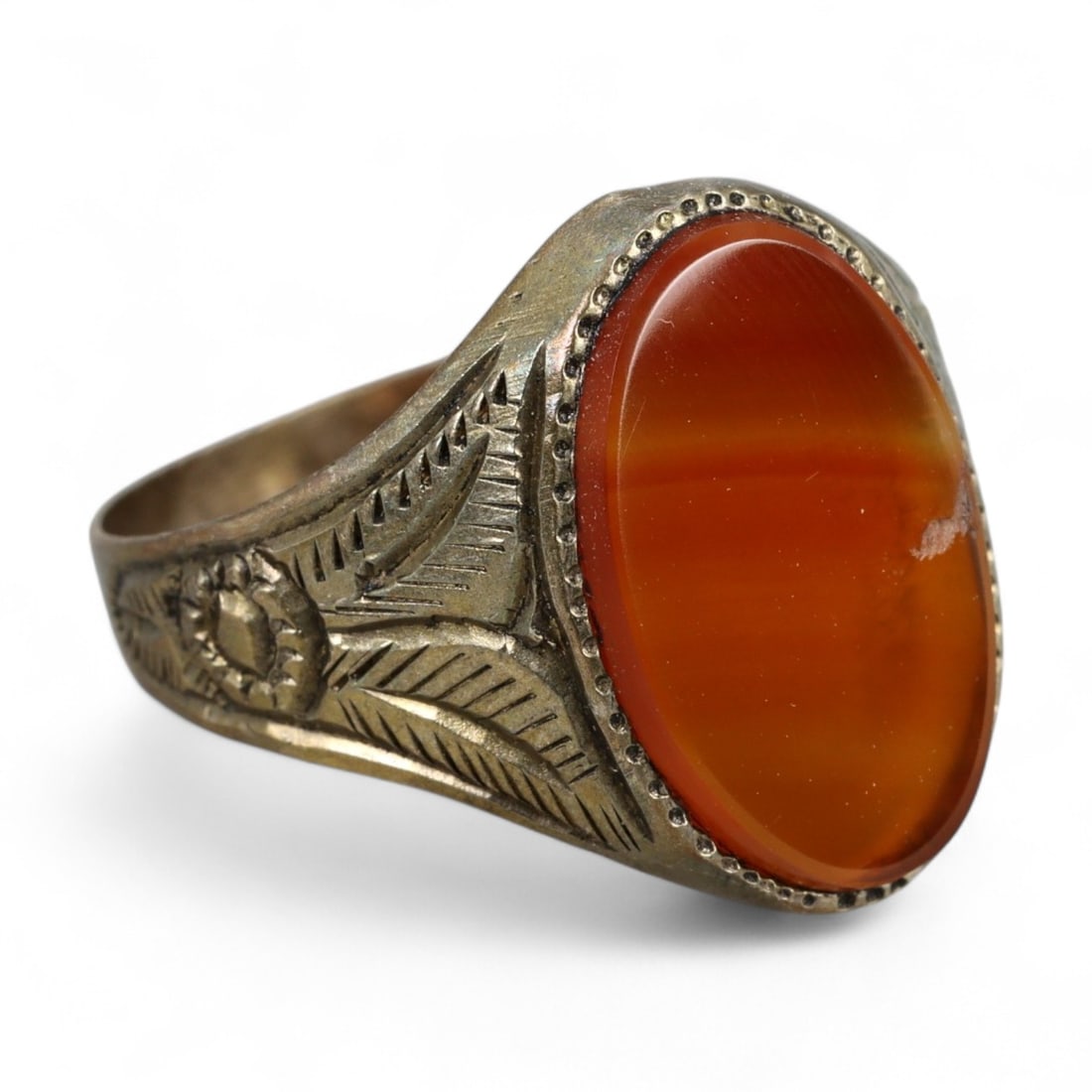 Antique Persian Carnelian Cabochon Silver Ring, Qajar Influence, c. 19th-20th Century, 3g (1 of 3)
