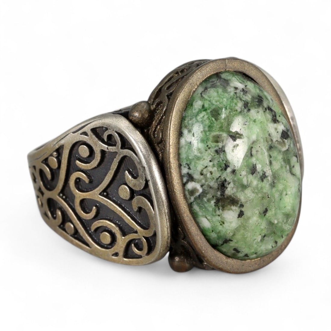 Antique Caucasian Scrollwork Green Cabochon Silver Ring, c. 19th-20th Century, 12.8g (1 of 3)