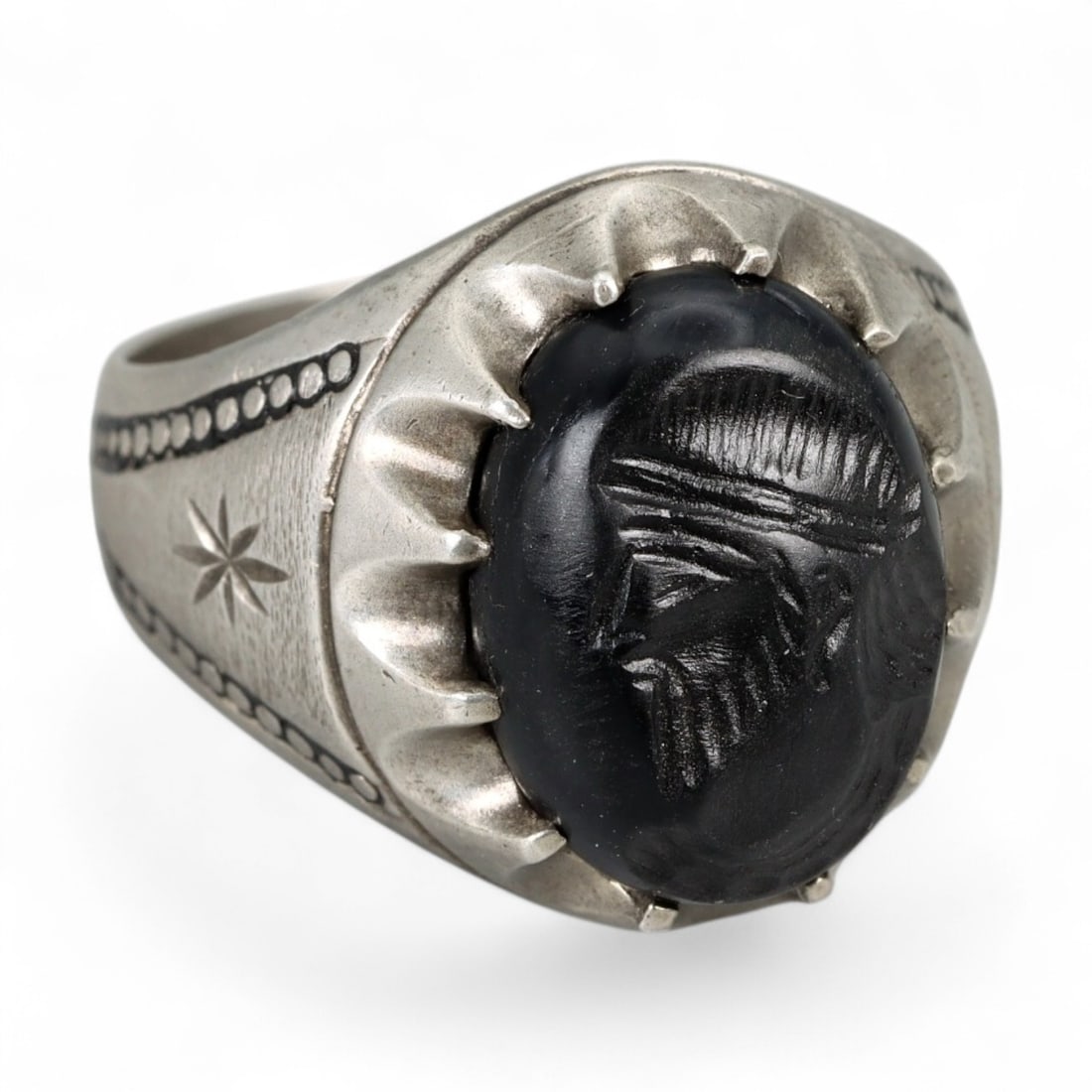 Antique Qajar Silver Ring with Intaglio Male Bust on Black Agate, c. 19th Century, 6g: This commanding antique silver ring, crafted in 19th century Persia during the Qajar dynasty, features a black agate intaglio engraved with the portrait of a male bust. The finely incised features - h