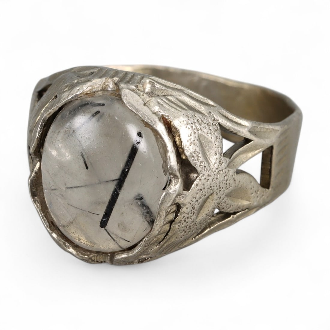 Vintage Floral Silver Ring with Rutilated Quartz Cabochon, Mid-20th Century, 8.8g (1 of 3)
