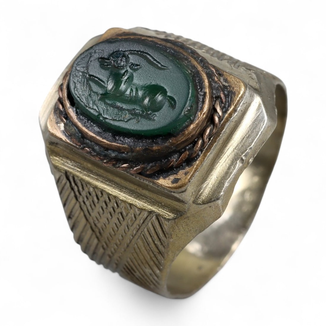 Antique Persian Green Agate Intaglio Gazelle Silver Ring, c. 19th Century, 5g (1 of 3)