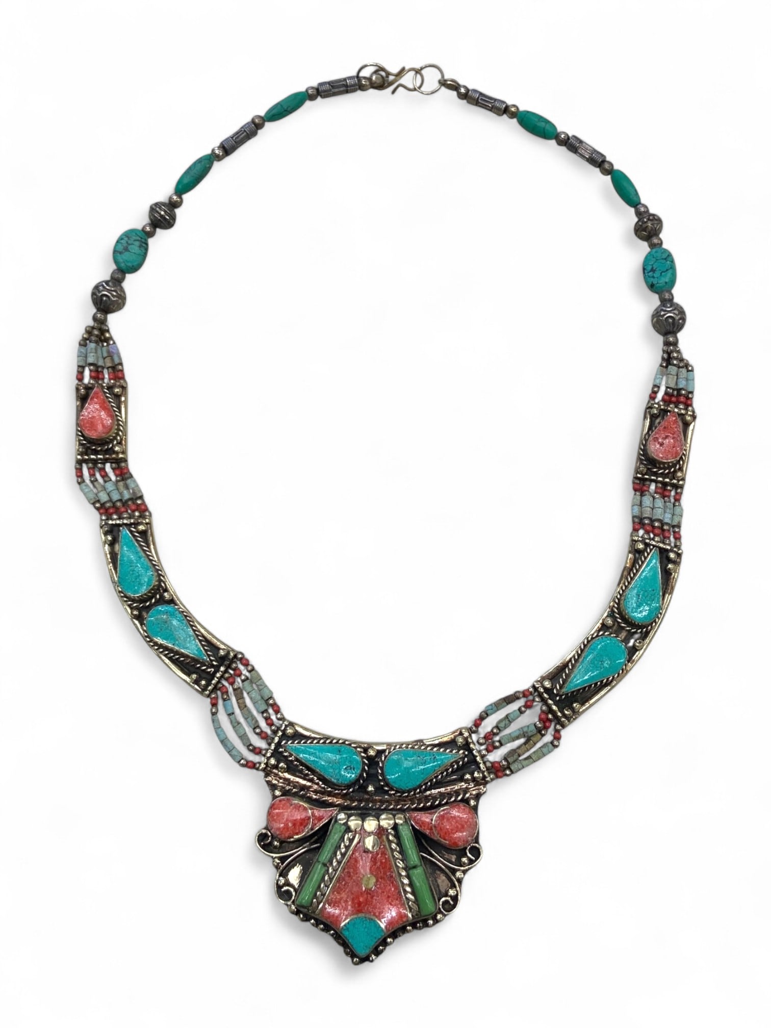 Kazakh Teardrop Cloisonne Pendant Necklace, Turquoise-Coral Enamel Collar - 125g: This masterfully composed necklace from Kazakhstan is a stunning example of regional cloisonne artistry, combining delicate enamel inlays with bold, symmetrical design. The central pendant features a 