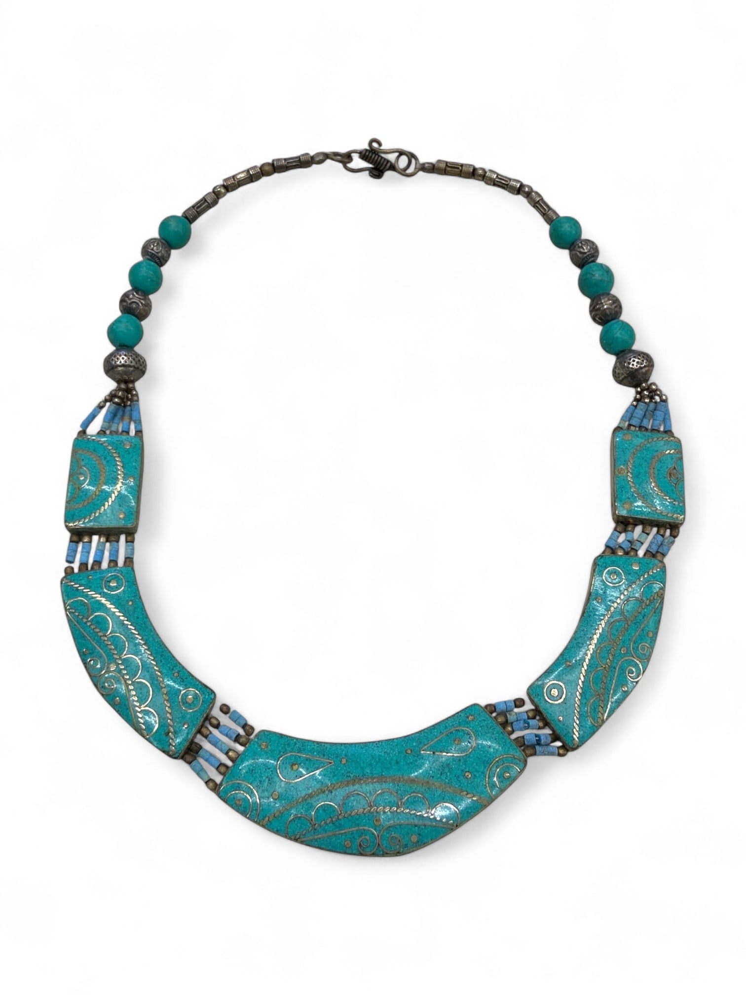 Kazakh Blue Enamel Collar Necklace with Gilded Paisley Motifs, Central Asia, 130g: This exquisite collar necklace showcases the refined decorative sensibilities of Kazakh jewelry, where enamel artistry and symbolic geometry converge in a vivid visual language. The segmented collar i
