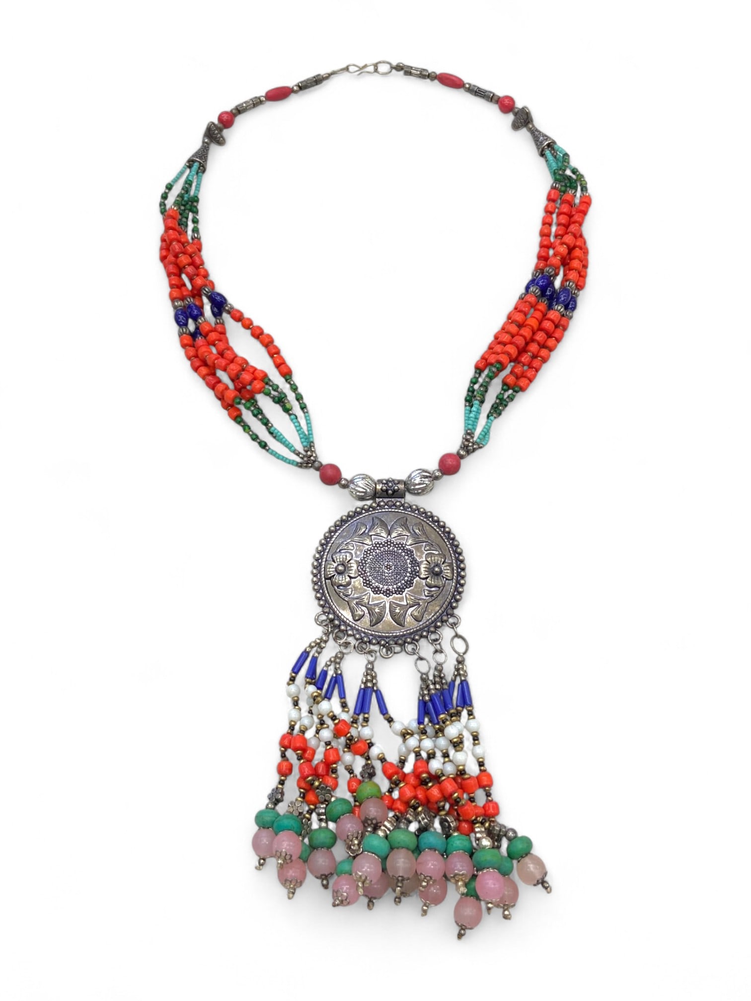 Afghan Tribal Multi-Strand Necklace with Silver Medallion and Beaded Fringe, 126g: This captivating Afghan tribal necklace combines the vibrant aesthetic of nomadic ornament with symbolic protection in the form of a large engraved silver medallion. At the center hangs a disc etched
