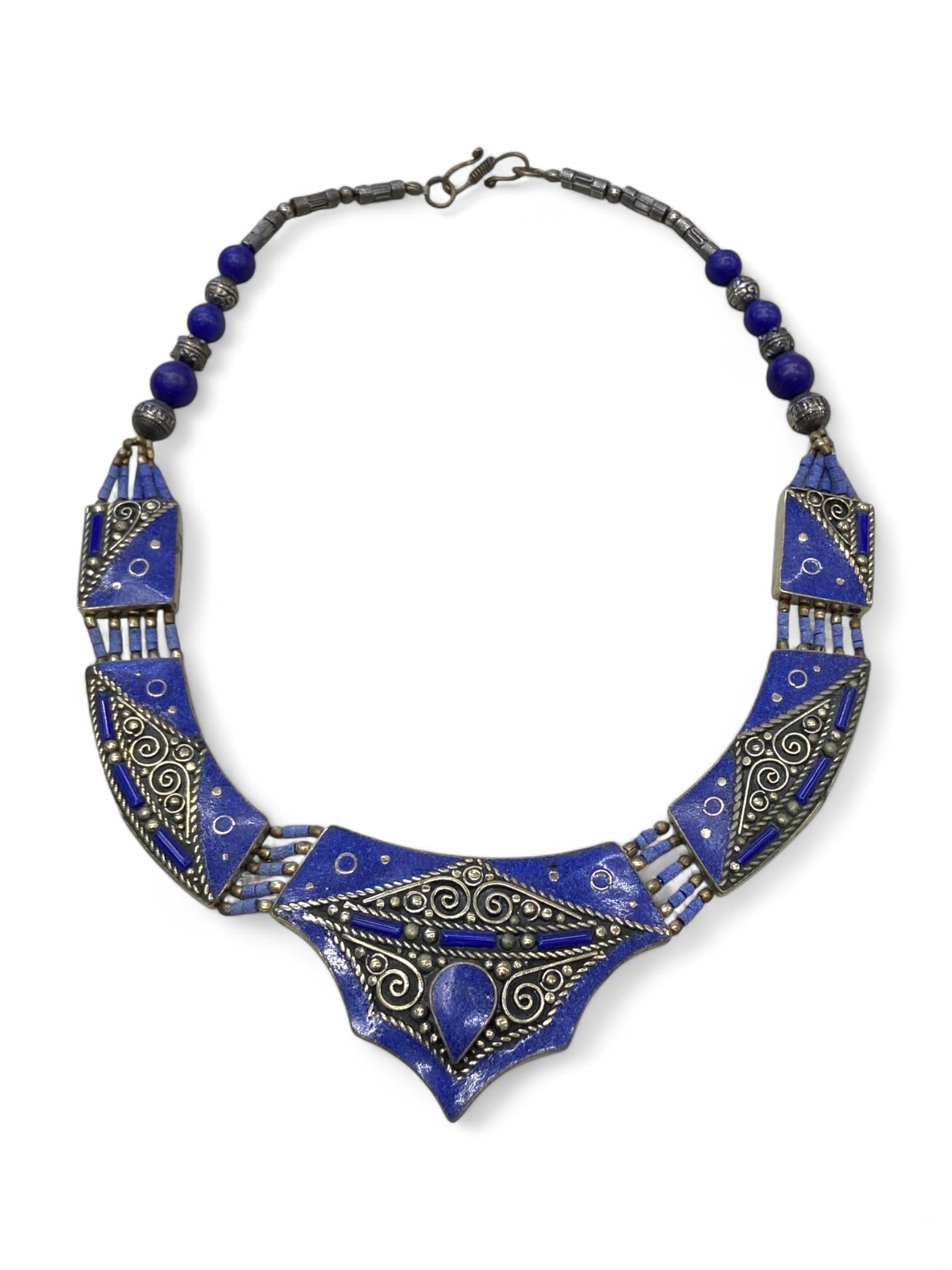 North Indian Celestial Motif Lapis Blue Enamel Collar Necklace, Rajasthan Origin, 123g: Elegant and otherworldly, this radiant collar necklace channels the celestial themes of North Indian folk artistry through an arresting lapis-blue enamel composition. Its geometric segments are embell