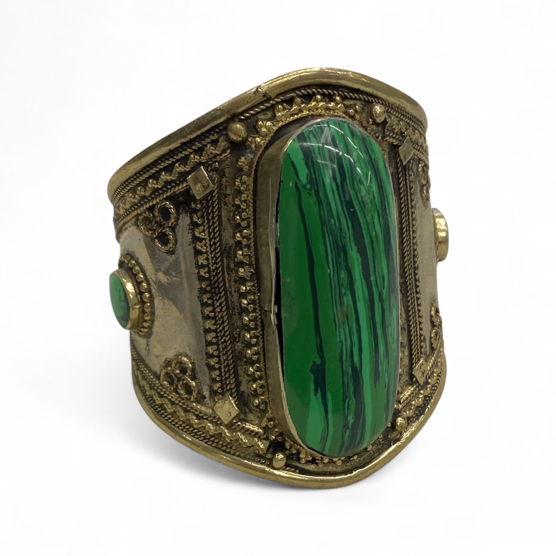 Antique Central Asian Ornate Brass Cuff Bracelet Inlaid with Green Malachite, 75g (1 of 3)