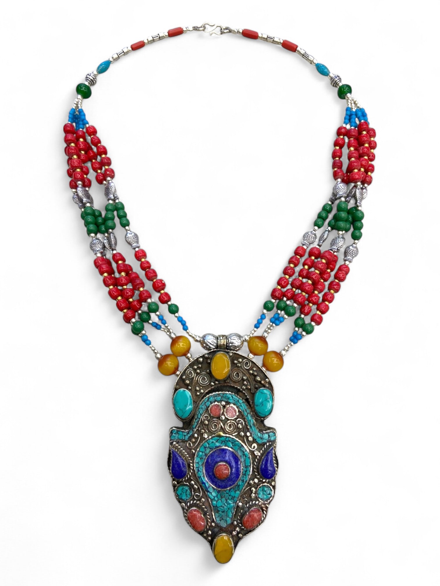Vintage Himalayan Tribal Turquoise Coral Lapis Inlay Silver Pendant Necklace, 20th Century, 185g (1 of 2)