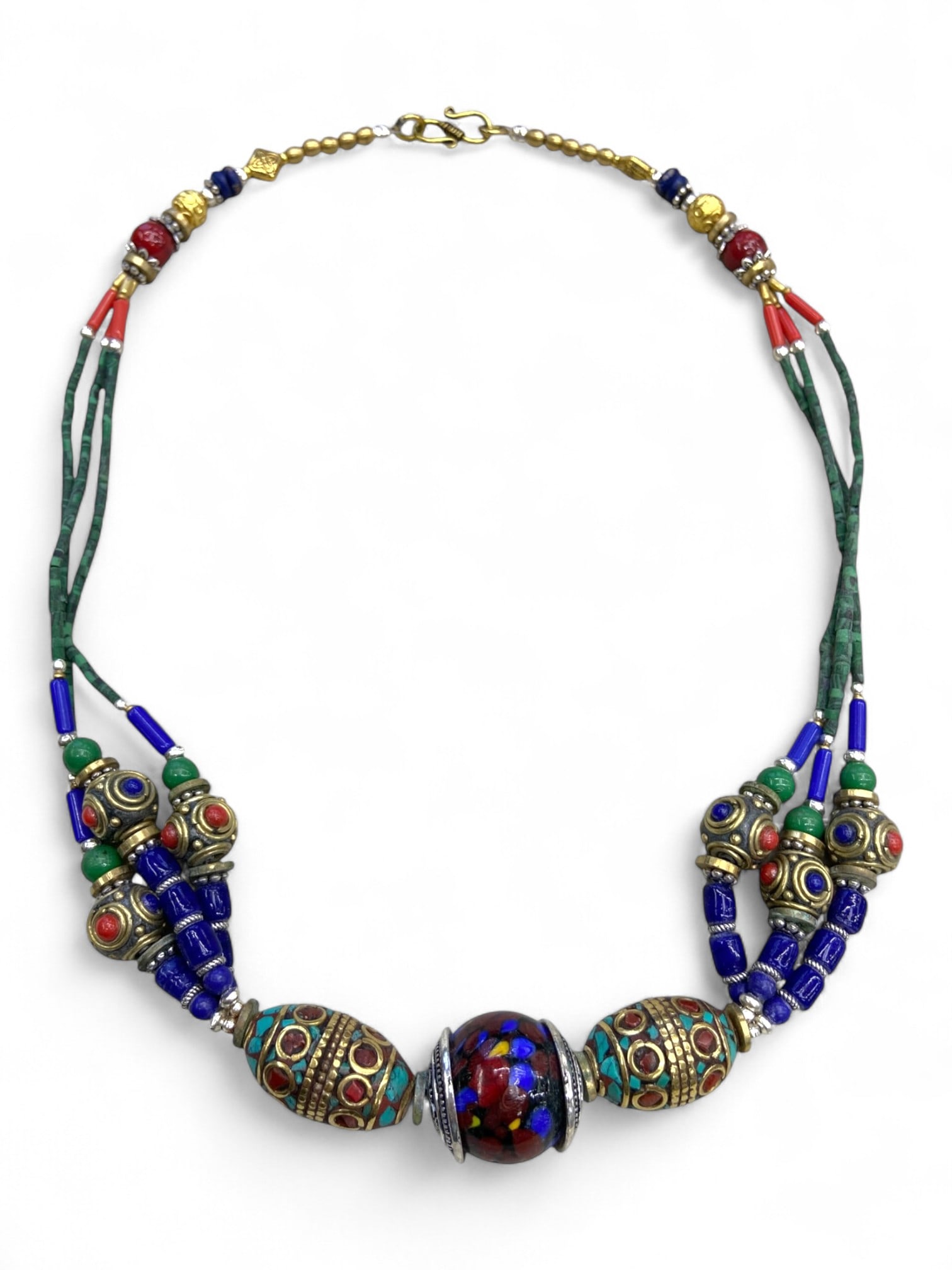 Vintage Himalayan Tribal Cloisonne Turquoise Coral Lapis Brass Necklace, 20th Century, 87g: This vibrant vintage Himalayan necklace is a striking showcase of tribal artistry, featuring a bold central cloisonne bead with multicolored floral patterns framed by large brass beads inlaid with tur