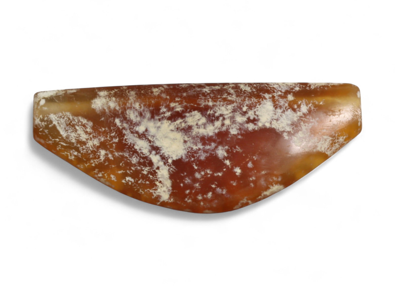 Ancient Parthian-Roman Carnelian Bow Amulet Bead, c. 1st-3rd Century CE, 4.6cm, 7g: This finely carved bow-shaped bead, is fashioned from carnelian agate with natural inclusions that lend it a mottled red-and-white surface of striking beauty. Originating from the Parthian-Roman perio