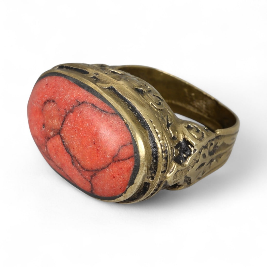 Antique Persian Style Coral Oval Silver Gilt Ring, c. 19th-20th Century 17g (1 of 3)
