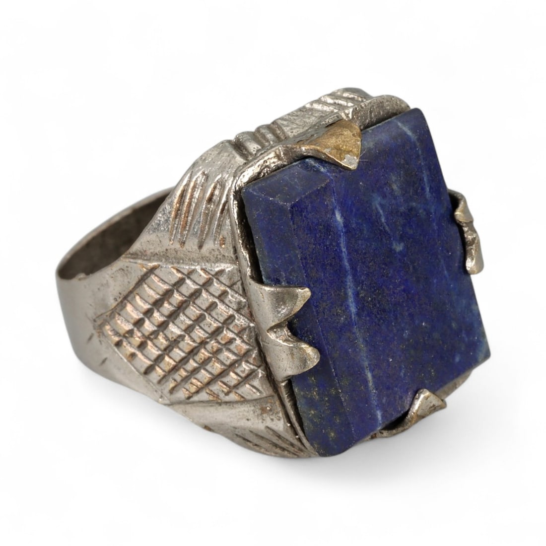 Antique Persian Lapis Lazuli Rectangular Silver Ring, c. 19th-20th Century 7g (1 of 3)