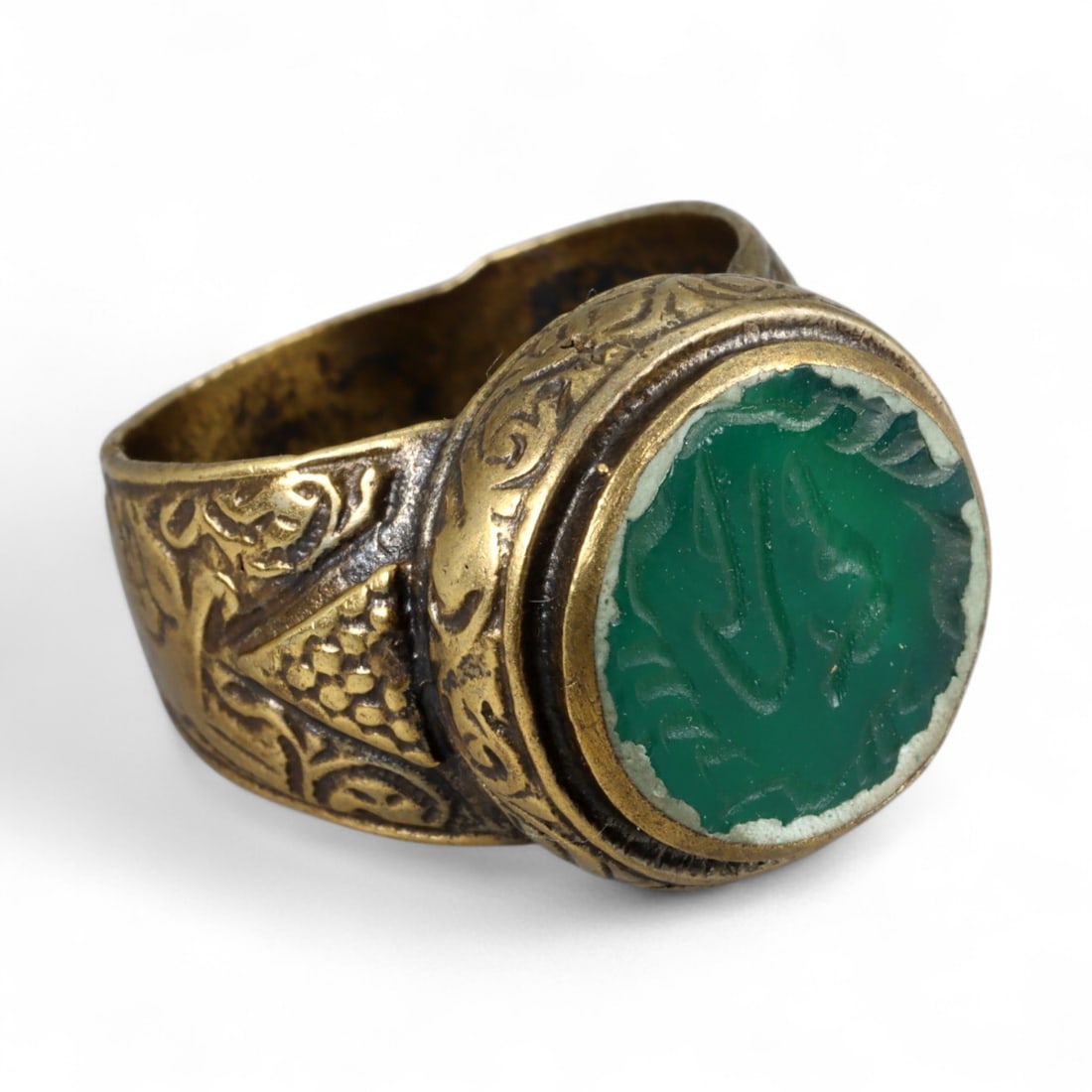 Antique Qajar Gold Gilt Intaglio Signet Ring, c. 19th-20th Century, 8 US, 12g (1 of 3)