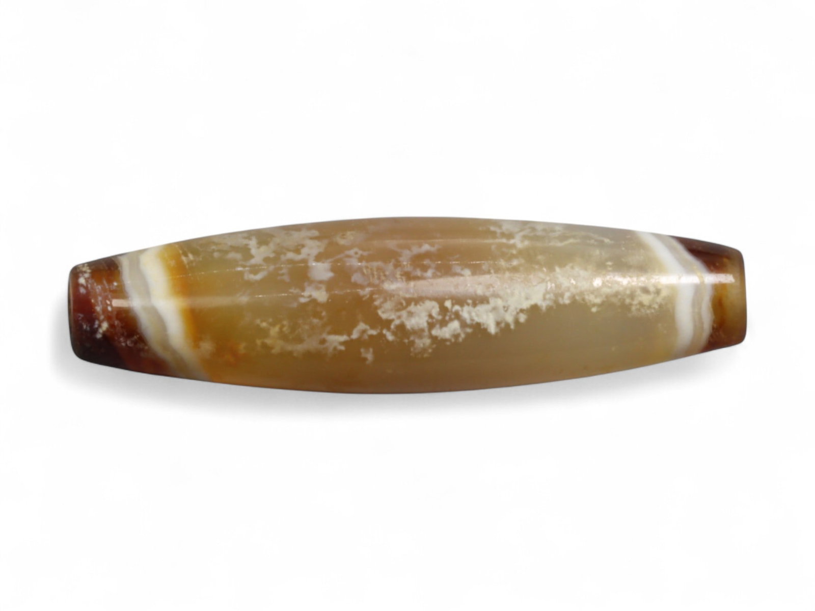 Ancient Achaemenid Persian Agate Bicone Bead, c. 6th-4th Century BCE, 3.5cm, 4g: This elegant bicone bead, carved from striking mottled agate, dates to the Achaemenid Persian Empire, c. 6th-4th century BCE. The bead showcases the empire's refined lapidary traditions, where semi-pr