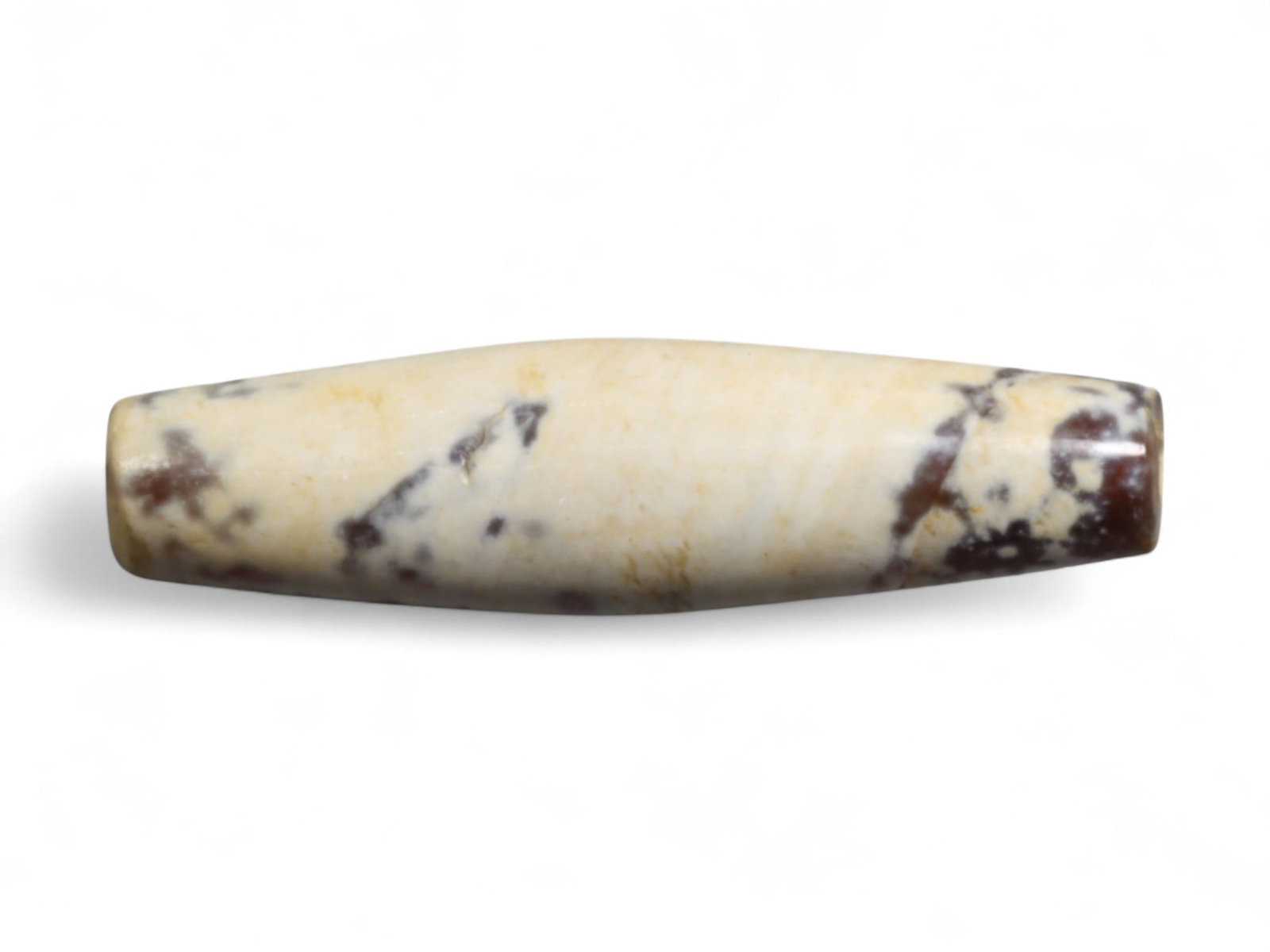 Ancient Achaemenid Persian Agate Bicone Bead, c. 6th-4th Century BCE, 3.4cm, 4g: This elegant bicone bead, carved from striking mottled agate, dates to the Achaemenid Persian Empire, c. 6th-4th century BCE. The bead showcases the empire's refined lapidary traditions, where semi-pr