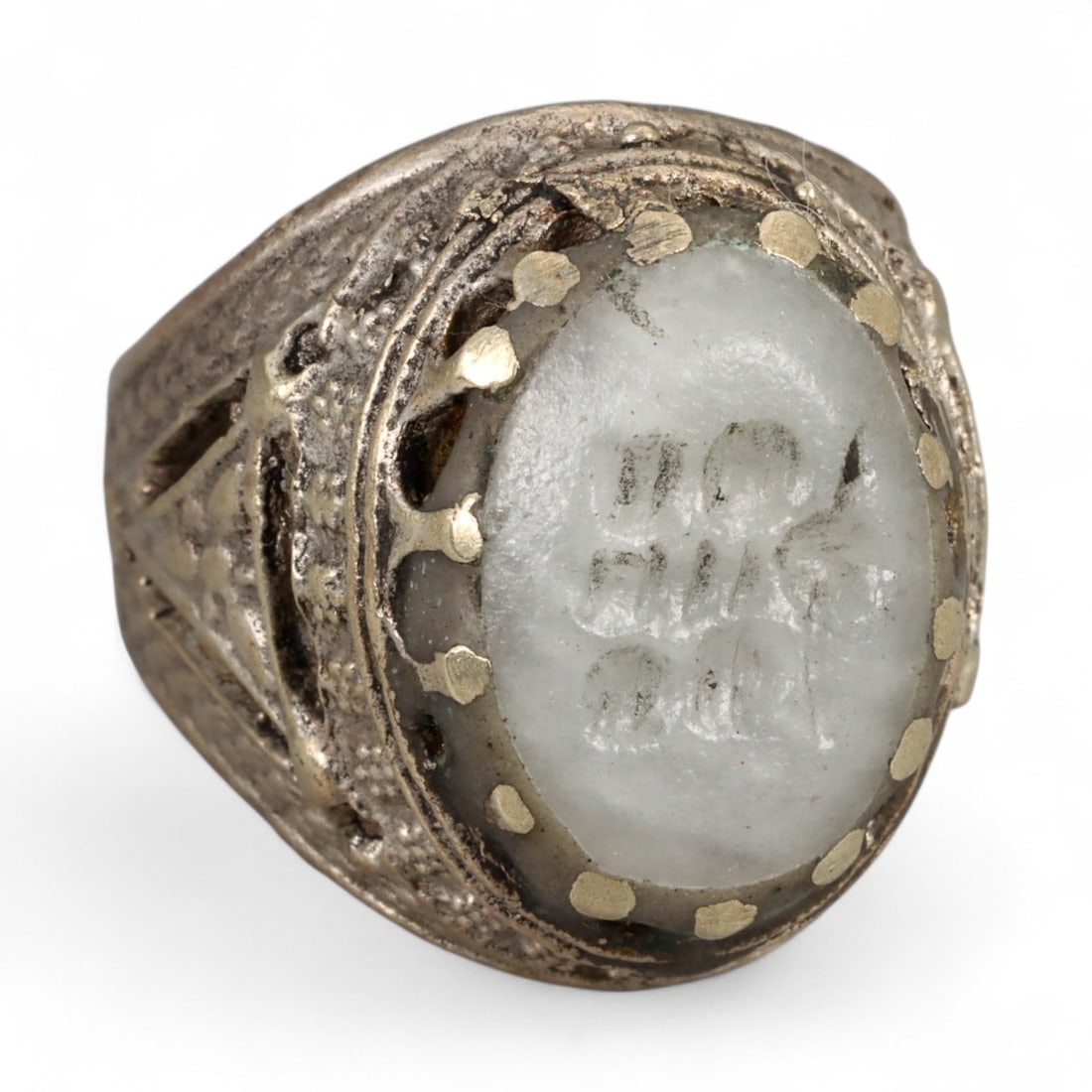 Antique Central Asian Silver Ring with White Quartz Intaglio, c. 19th-20th Century, 10g (1 of 3)