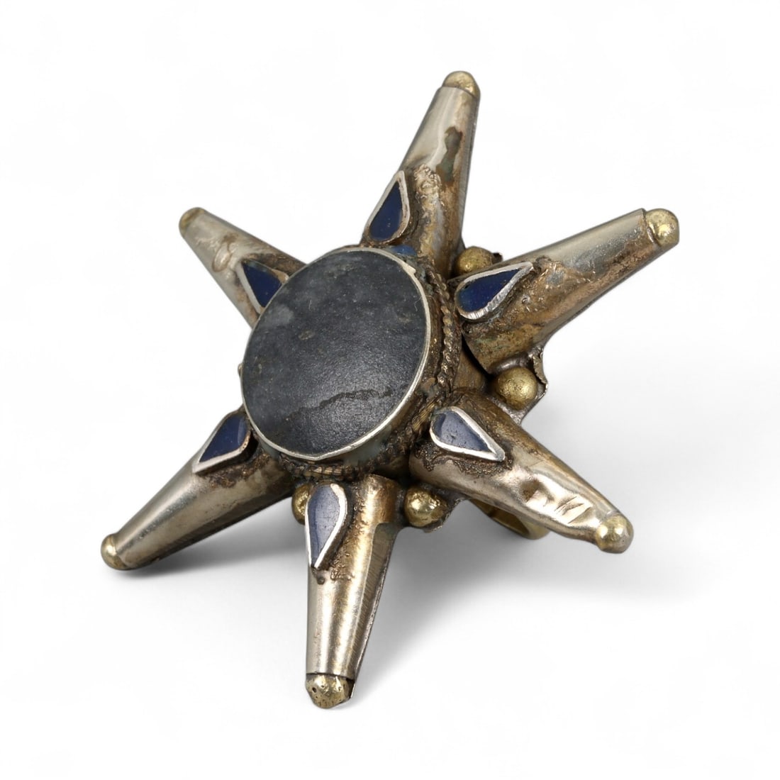 Antique Central Asian Starburst Silver Ring with Blue Enamel, c. 19th-20th Century, 18g (1 of 3)