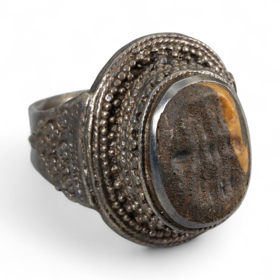 Antique Central Asian Brown Stone Silver Filigree Ring, c. 19th-20th Century 12g (1 of 3)