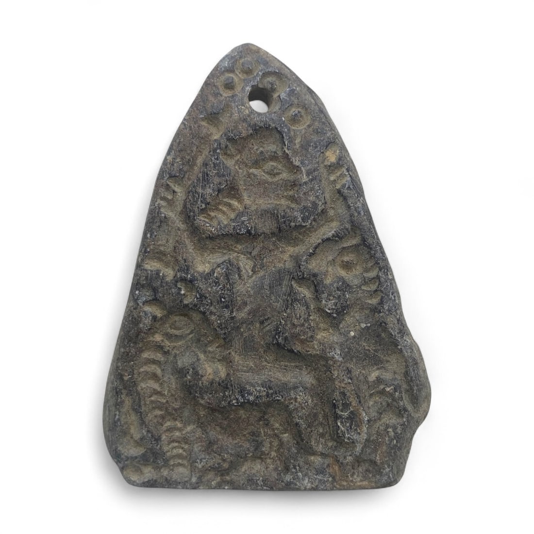 Ancient Jiroft Heroic Combat Motif Carved Steatite Amulet, c. 3rd Millennium BCE - 111 g: This carved steatite amulet originates from the ancient Jiroft culture of southeastern Iran, dating to the 3rd millennium BCE. The Jiroft civilization is famed for its intricate iconography, often dep