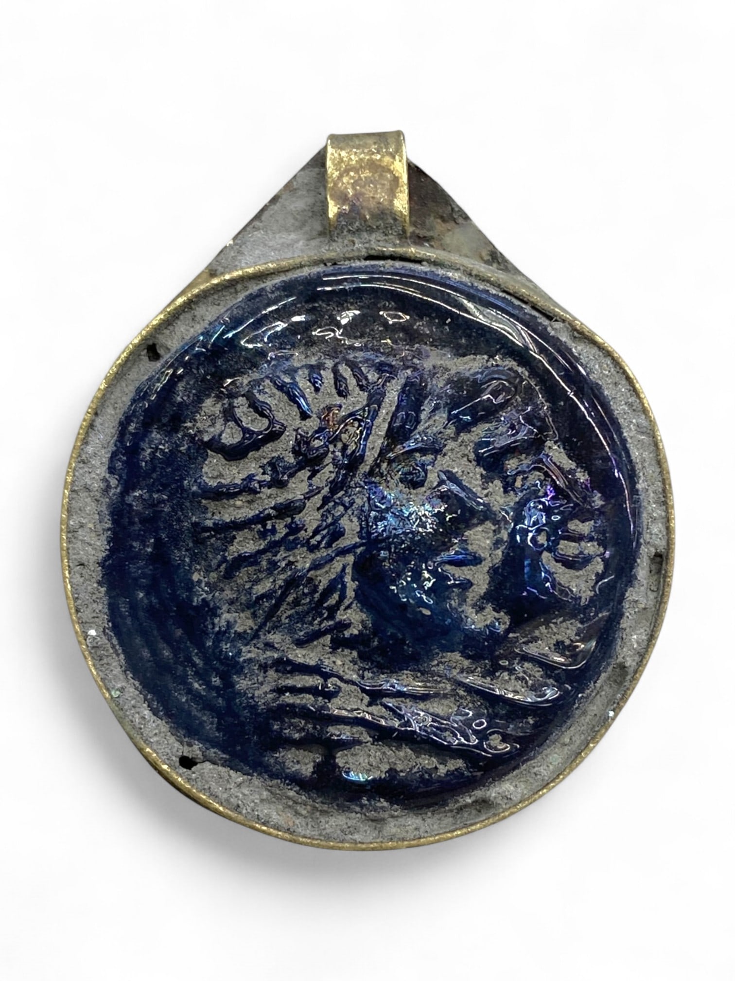 Antique Classical Revival Blue Glass Medallion Pendant, c. 19th Century CE, 10g (1 of 2)