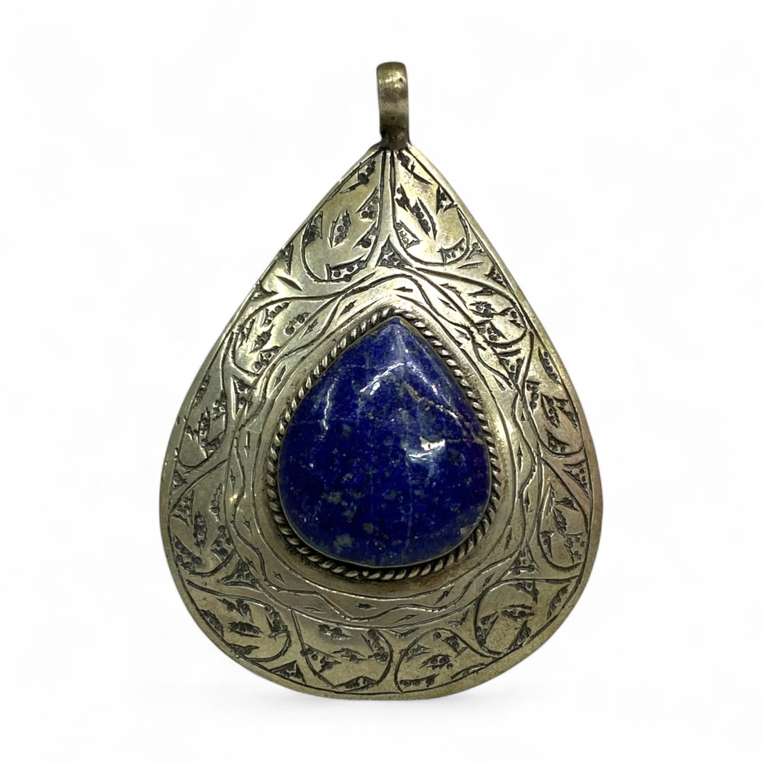 Antique Himalayan Tribal Lapis Silver Engraved Amulet Pendant, 20th Century, 26g (1 of 2)