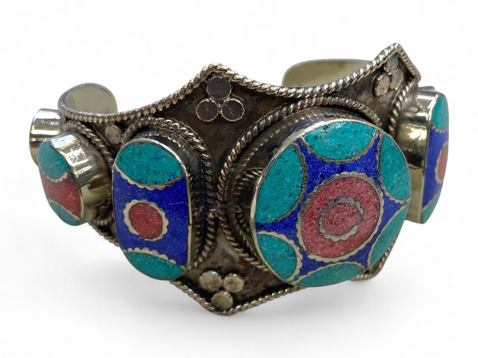 Vintage Himalayan Tribal Turquoise Coral Lapis Silver Bracelet, 20th Century, 147g (1 of 3)