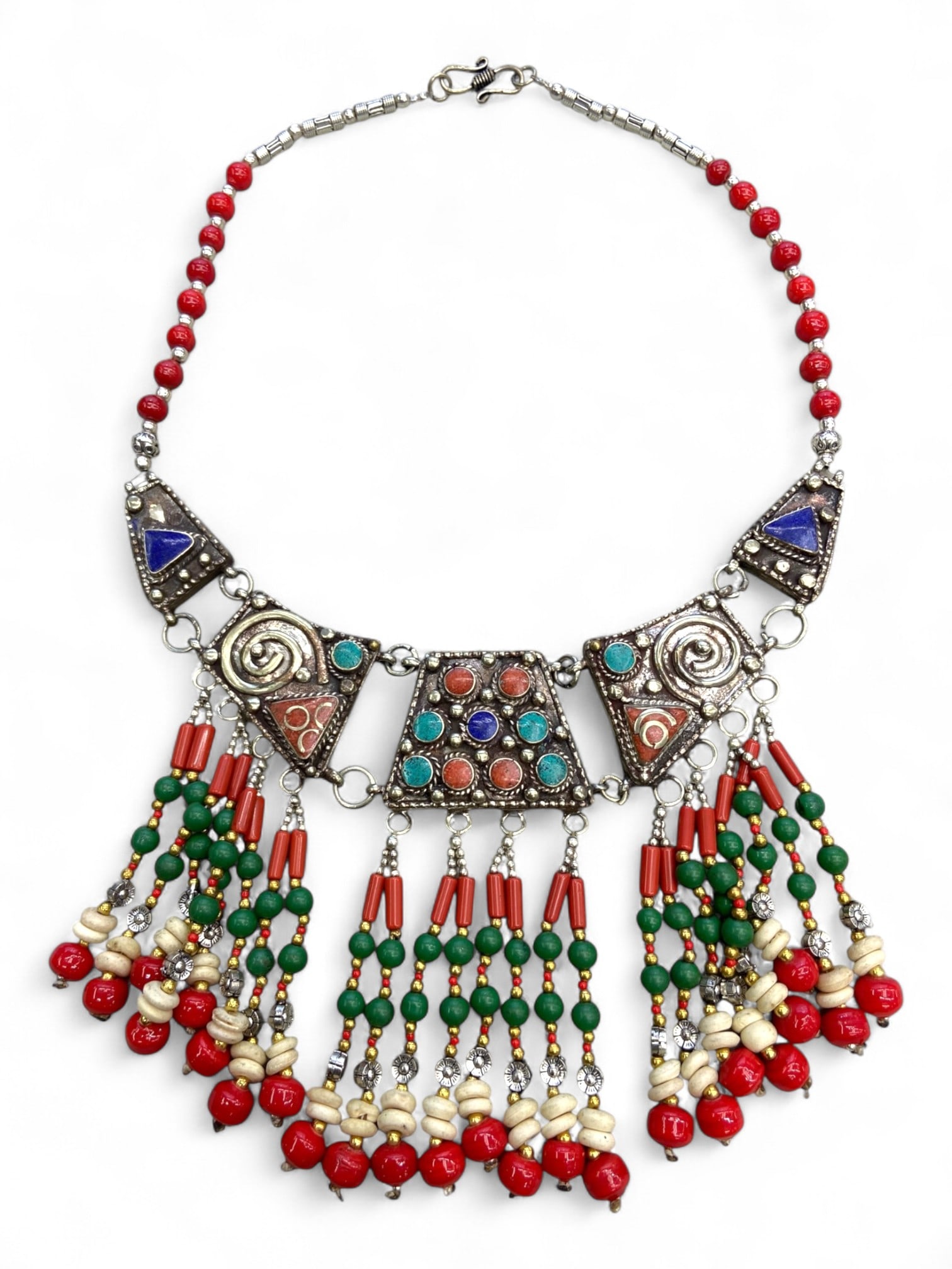 Vintage Himalayan Tribal Coral Turquoise Lapis Silver Panel Necklace, 20th Century, 205g (1 of 1)