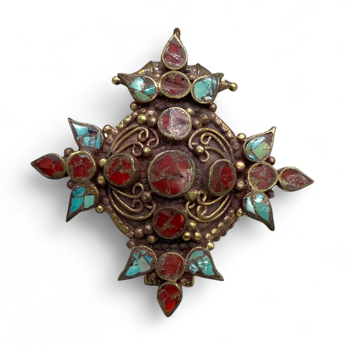 Antique Himalayan Gilt Copper Pendant with Coral and Turquoise Inlay, c. 19th Century 41g (1 of 2)