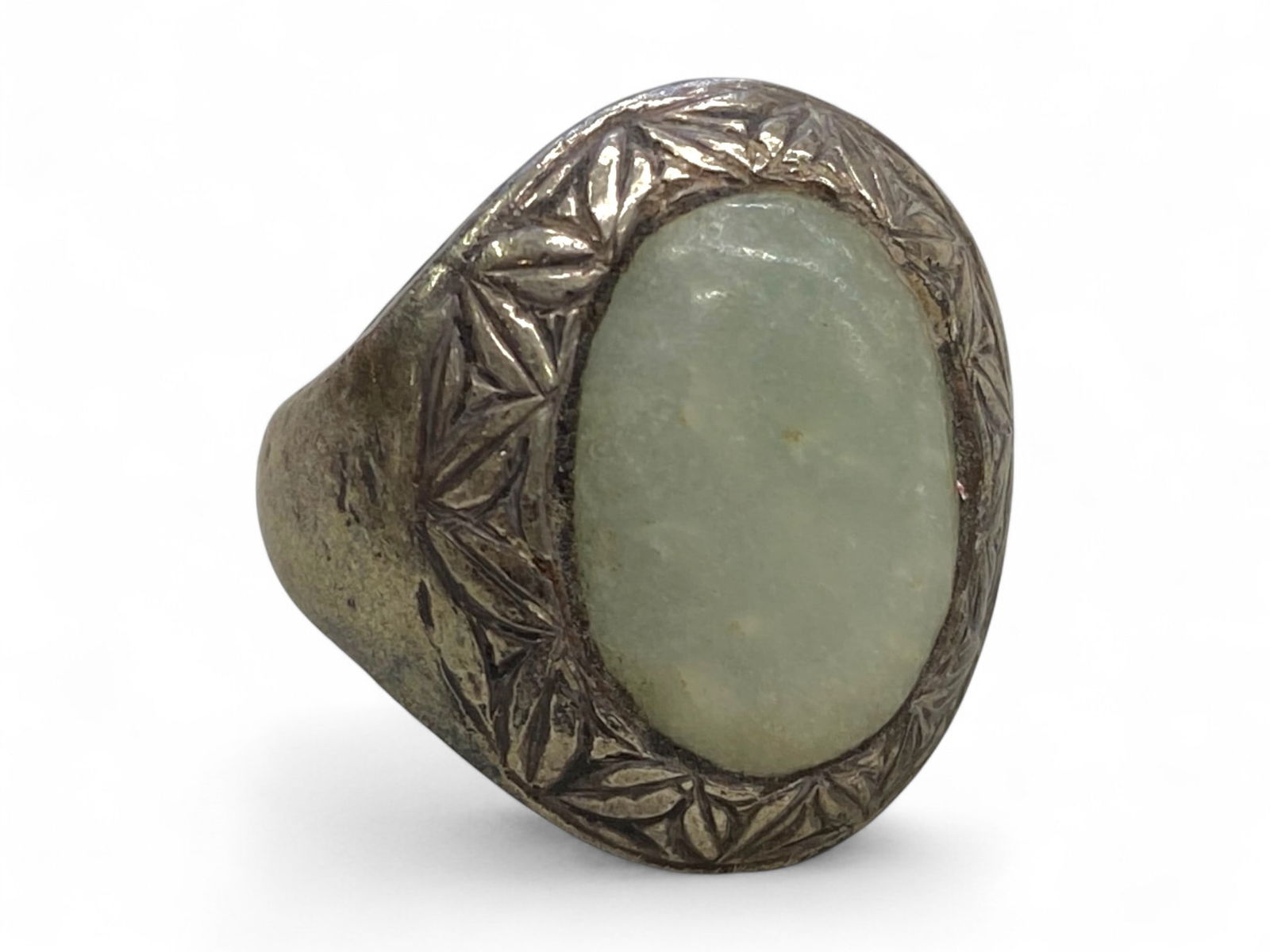 Antique Central Asian Silver Ring with Green Jade Cabochon, c. 19th Century, US Size 6, 10g (1 of 3)