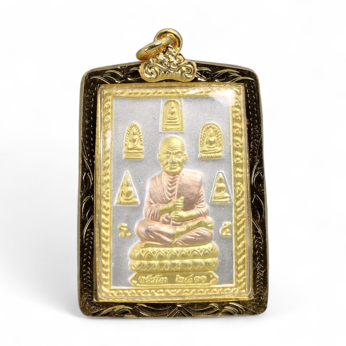 Antique Thai Monk and Miniature Buddha Panel Amulet in Gilt Case, c. 20th Century, 31g (1 of 2)
