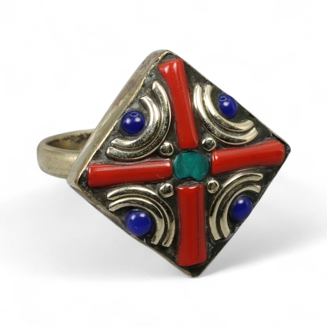 Tibetan Diamond Cross Mosaic Brass Ring with Coral Lapis Malachite Accents, 11.9g (1 of 3)