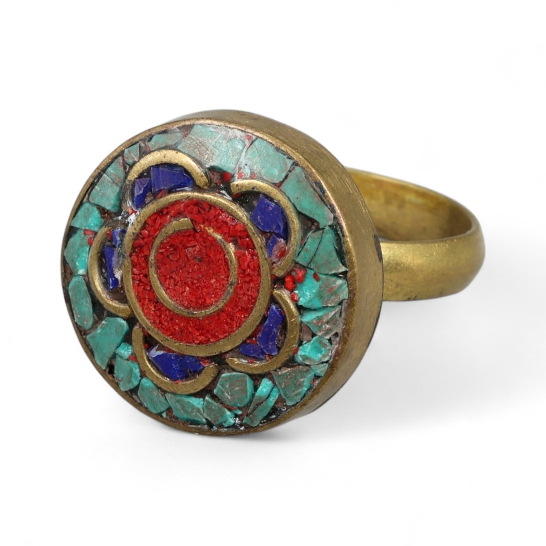 Tibetan Floral Mosaic Brass Ring with Coral Lapis Turquoise Lotus Design, 5.24g: This visually captivating Tibetan ring draws its inspiration from the sacred lotus, rendered in a vibrant mosaic of coral, lapis lazuli, and turquoise. The circular bezel features an intricate petaled