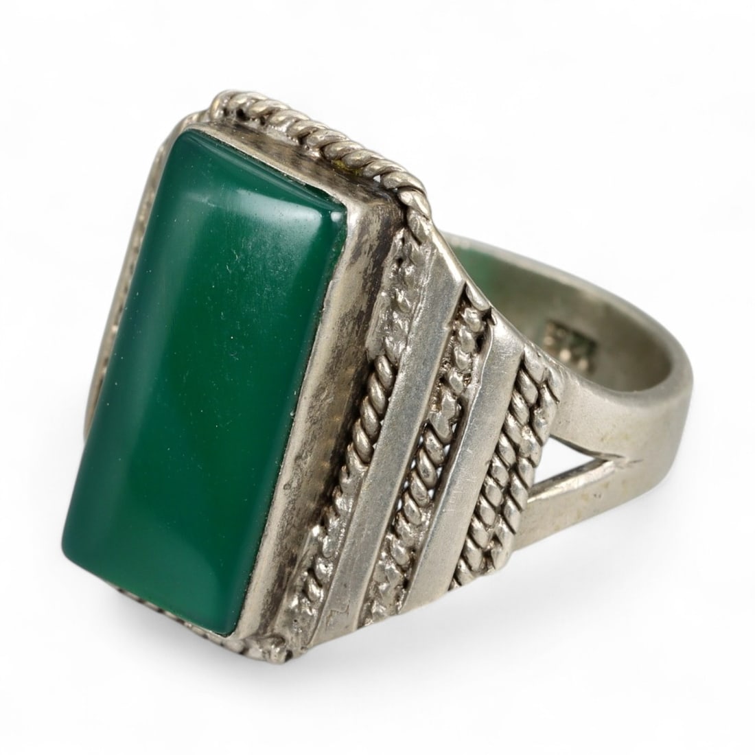Antique Persian Rectangular Green Agate Silver Ring, c. 19th Century 9g (1 of 3)