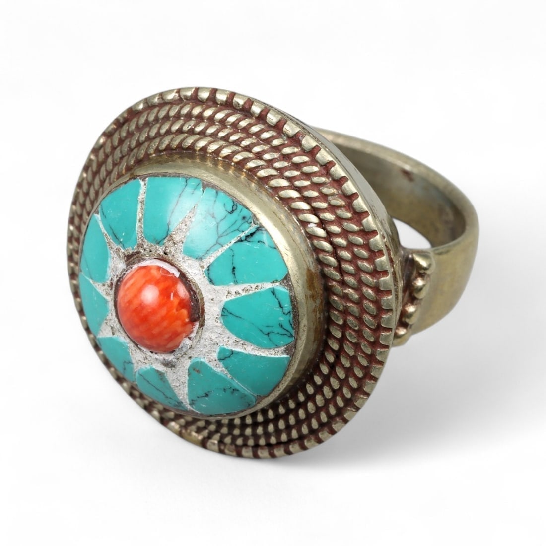 Antique Tibetan Sunburst Coral-Turquoise Ritual Ring, Silver Alloy, c. Mid-20th Century, 20g (1 of 3)