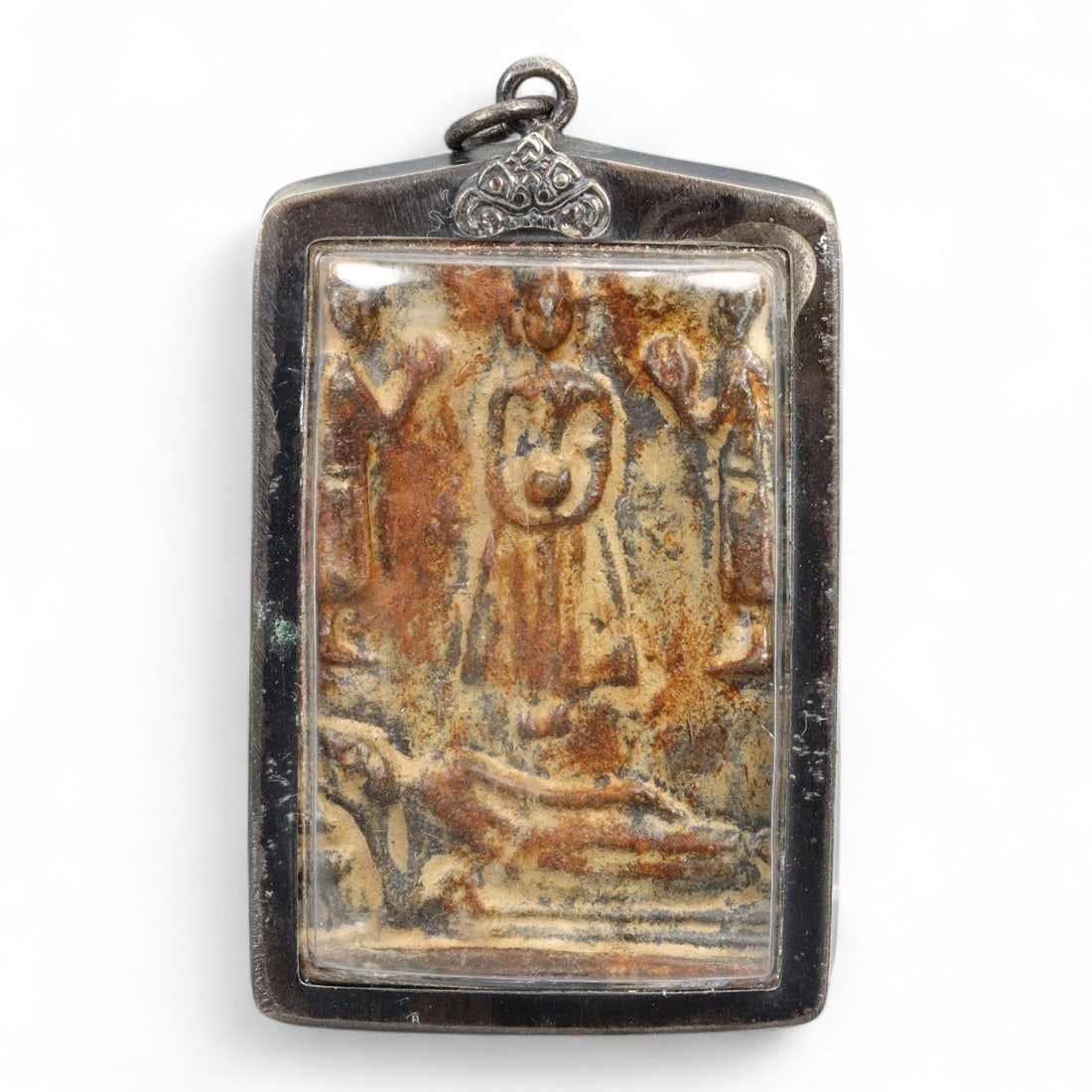 Antique Thai Buddhist Three-Guardian Terracotta Amulet in Silver Casing, c. 19th Century, 42g (1 of 2)