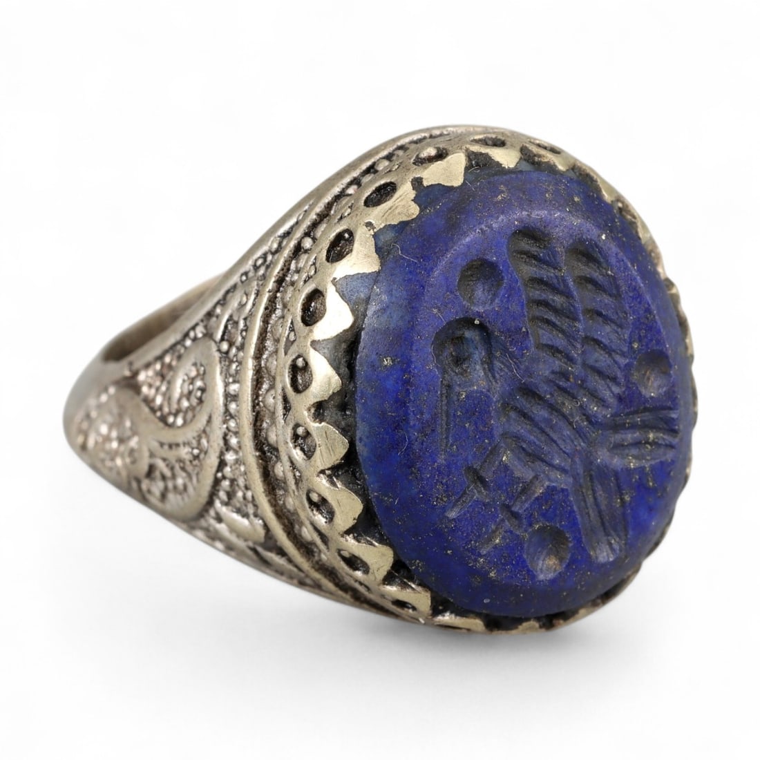 Antique Qajar Silver Ring with Intaglio Bird on Lapis Lazuli, c. 19th Century, 11.9g (1 of 3)